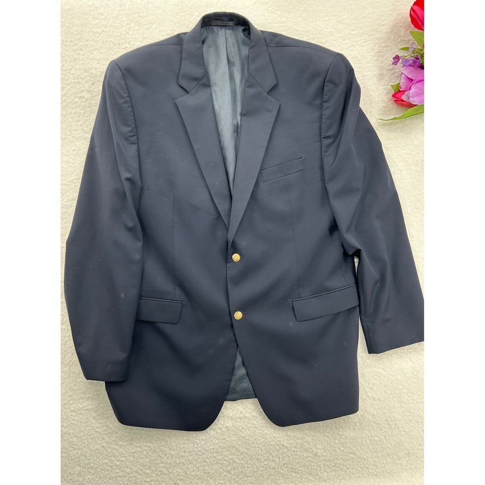 Ralph Lauren Mens‎ Navy 100% Wool 2-Button Gold Crest Blazer Sport Coat 46 XL